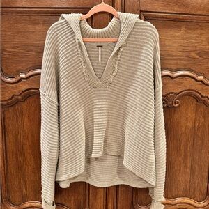 Free People V-Neck Hooded Sweater in Beige